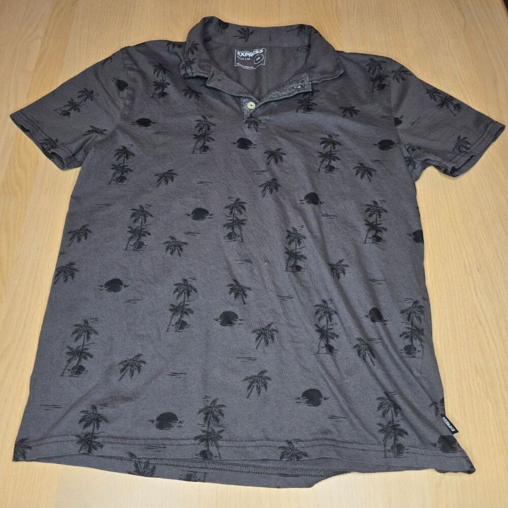 Express Polo gray with palm trees and sunset design, size S